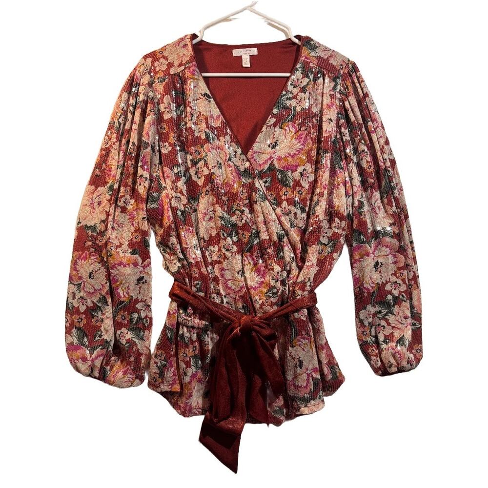 LC Lauren Conrad 2X Floral Sequin Faux Wrap Blouse Tie Waist Long Sleeve